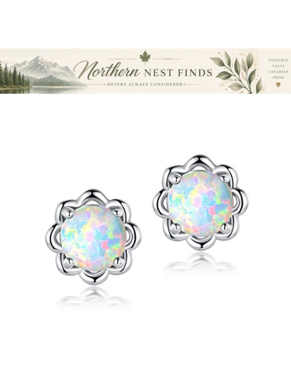 18K White Gold Plated Opal Stud Earrings Hypoallergenic Flower Studs